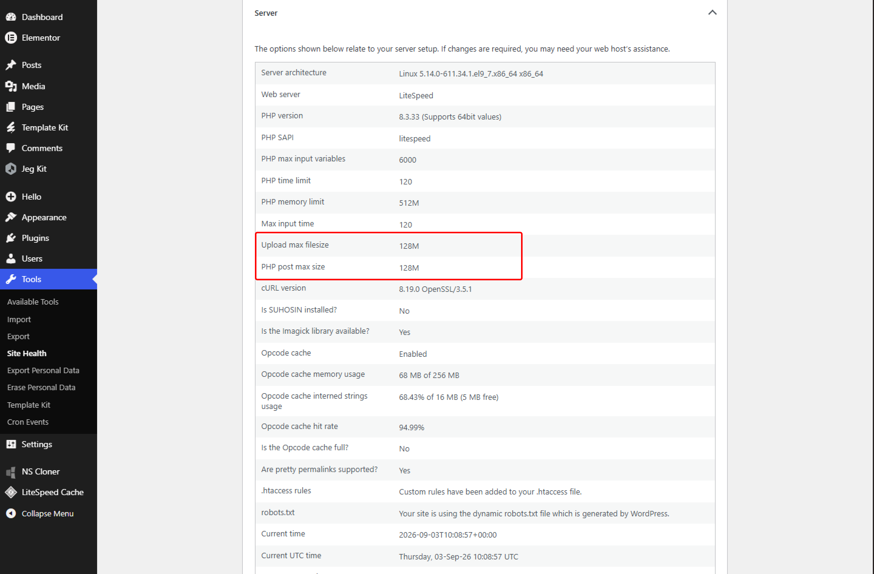 ite Health server info screen highlighting upload max filesize and post max size.