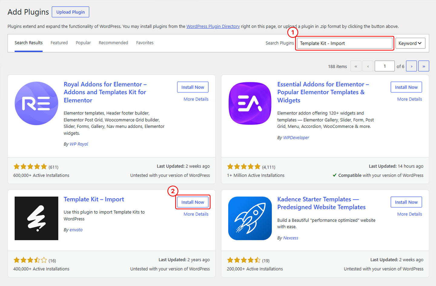 Template Kit – Import plugin search result in the WordPress plugin directory.