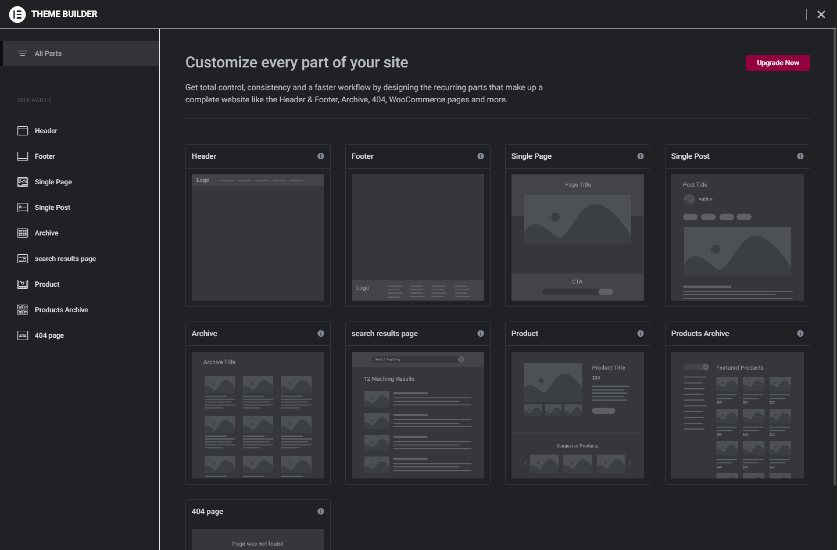 Elementor Theme Builder screen on the free plan, showing a locked preview grid of Header, Footer, and other site parts with an Upgrade Now prompt.