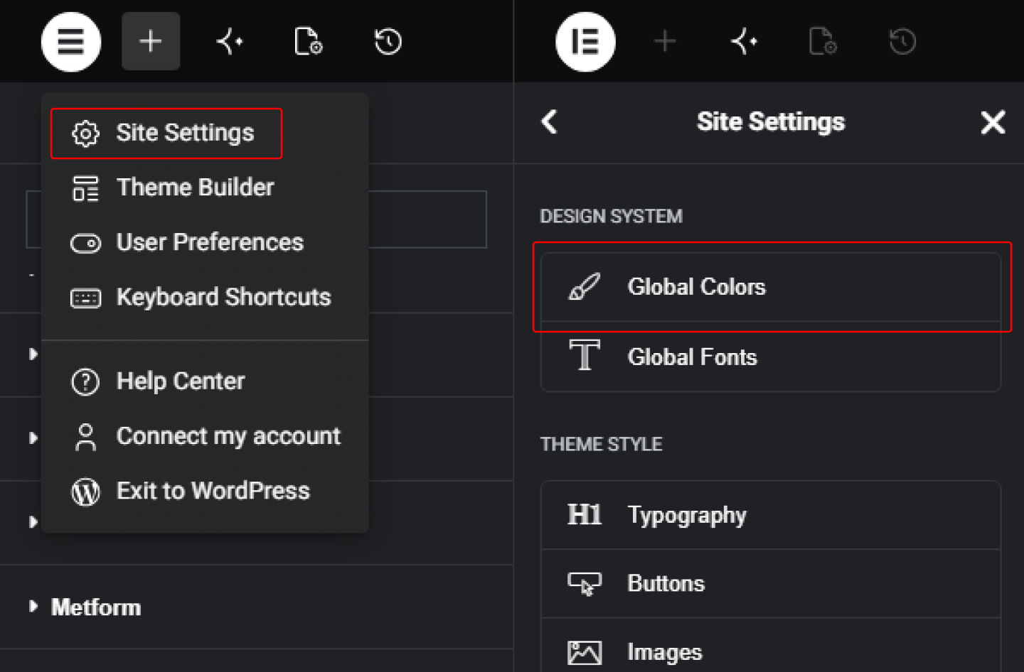 Elementor Site Settings panel showing the Global Colors editor.
