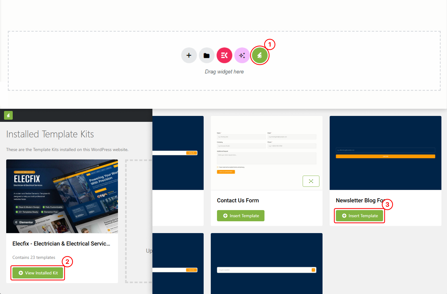 MetForm builder showing the Template Kit panel with a form template ready to insert.