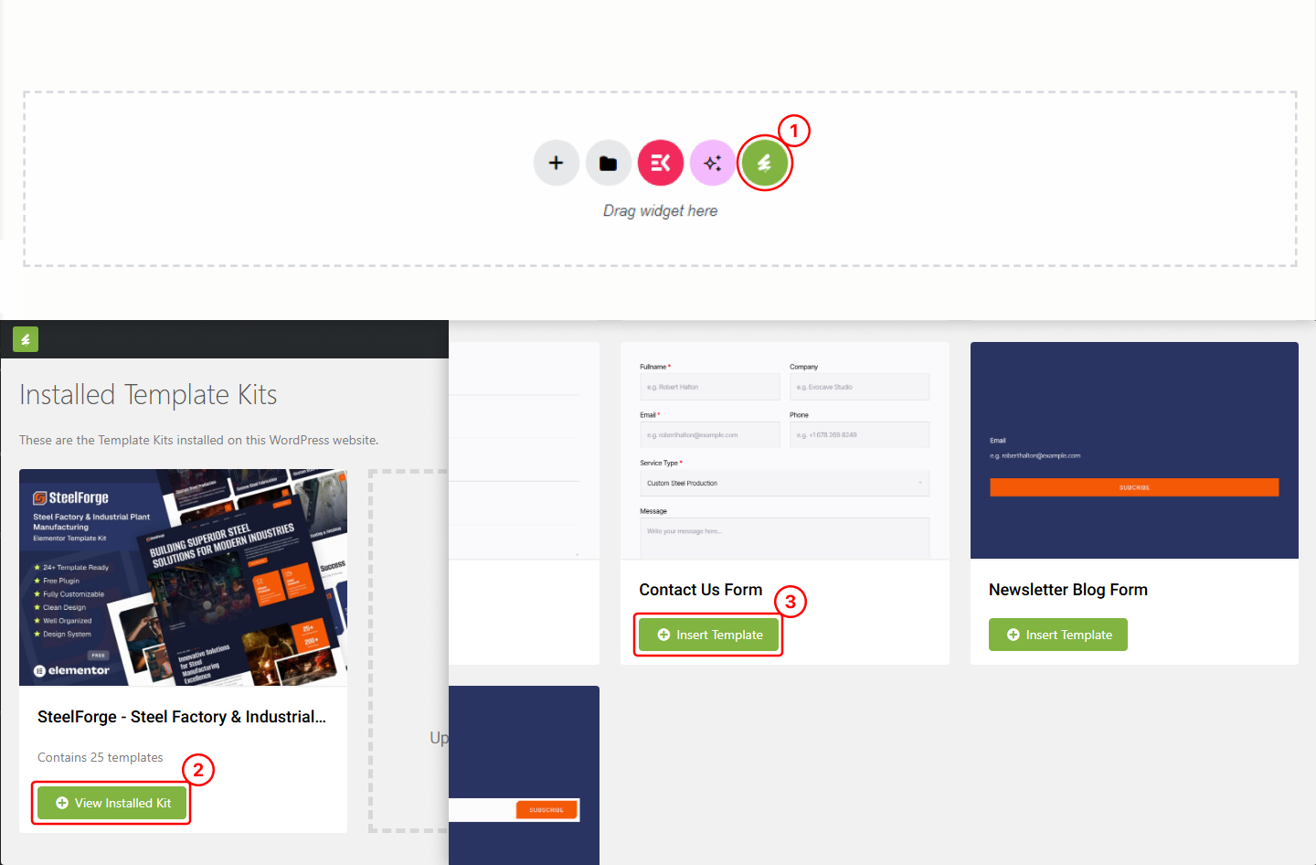 MetForm builder showing the Template Kit panel with a form template ready to insert.