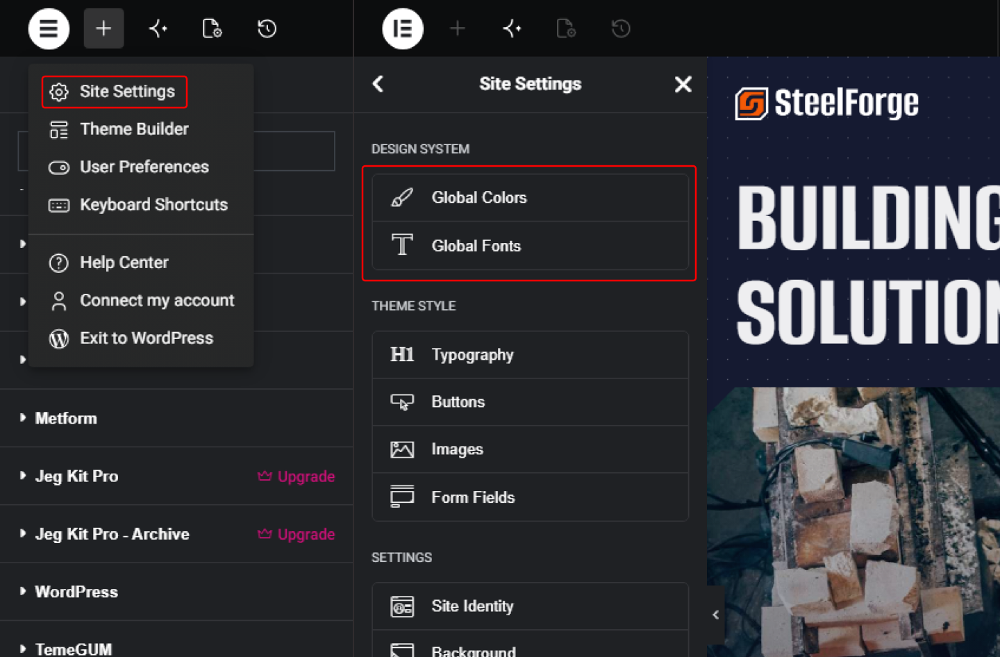 Elementor logo menu showing Site Settings, next to the resulting Design System panel with Global Colors and Global Fonts.