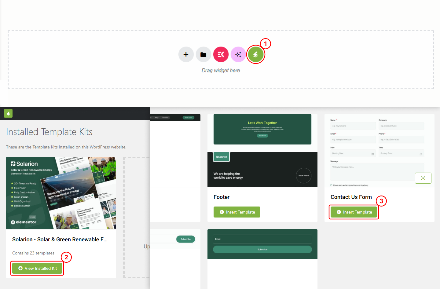 MetForm builder showing the Template Kit panel with a form template ready to insert.
