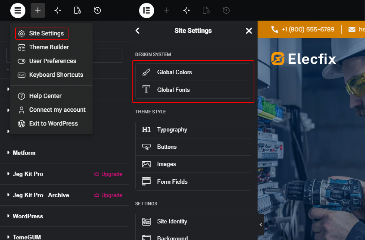 Elementor logo menu showing Site Settings, next to the resulting Design System panel with Global Colors and Global Fonts.