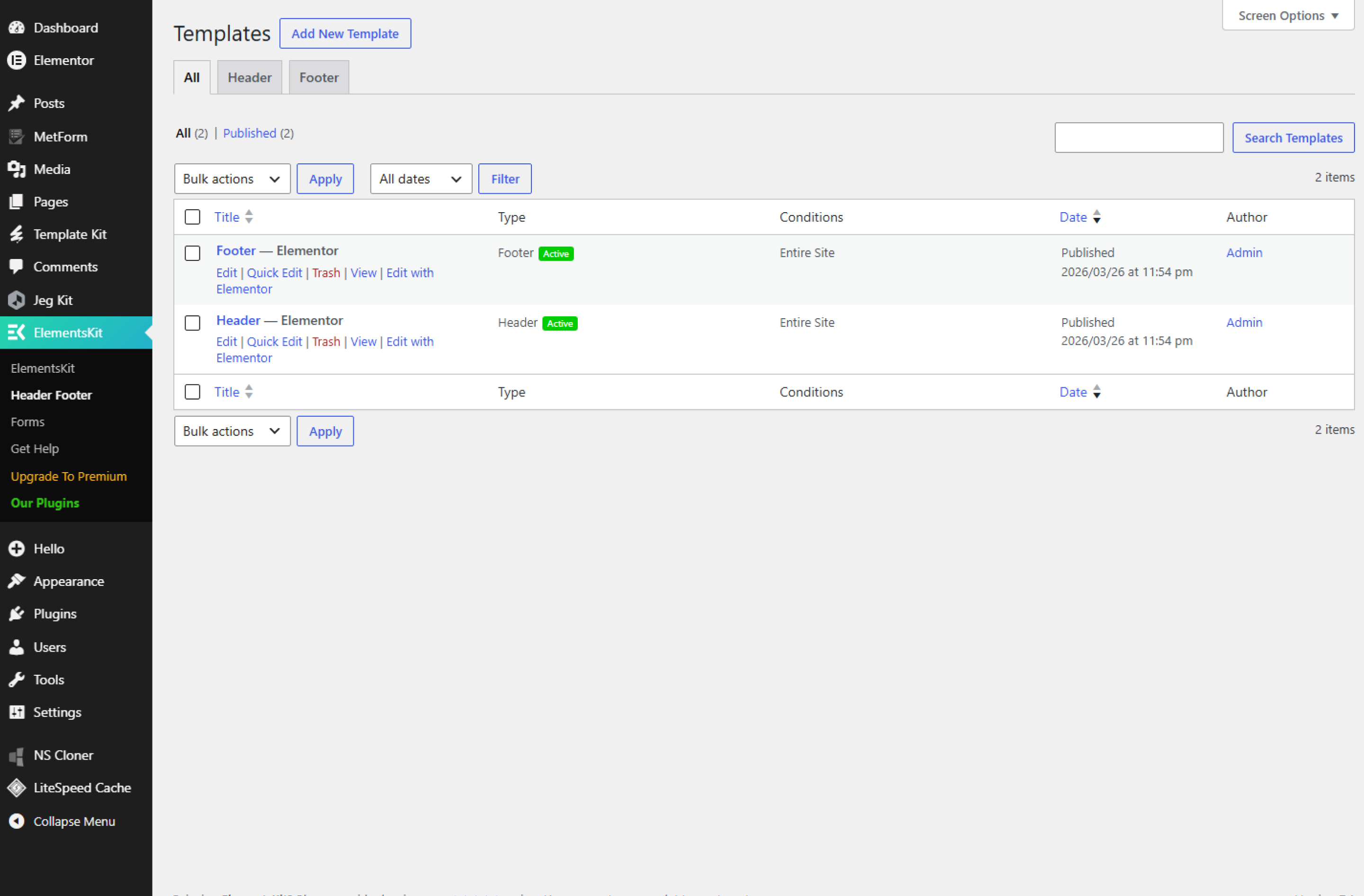 ElementsKit / Jeg Elementor Kit plugin menu showing the header and footer builder available without Elementor Pro.