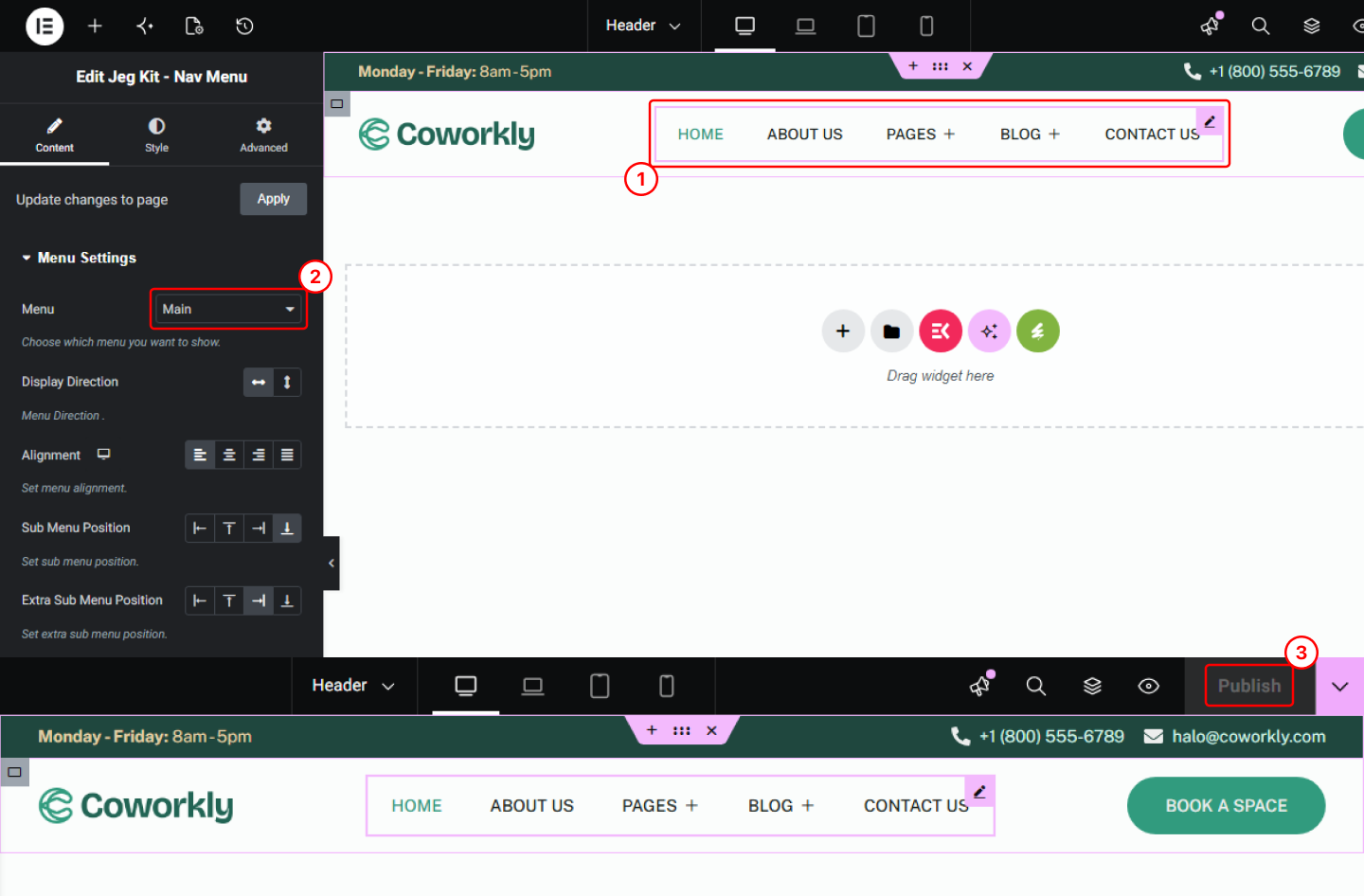 Elementor Nav Menu widget showing the created menu selected.