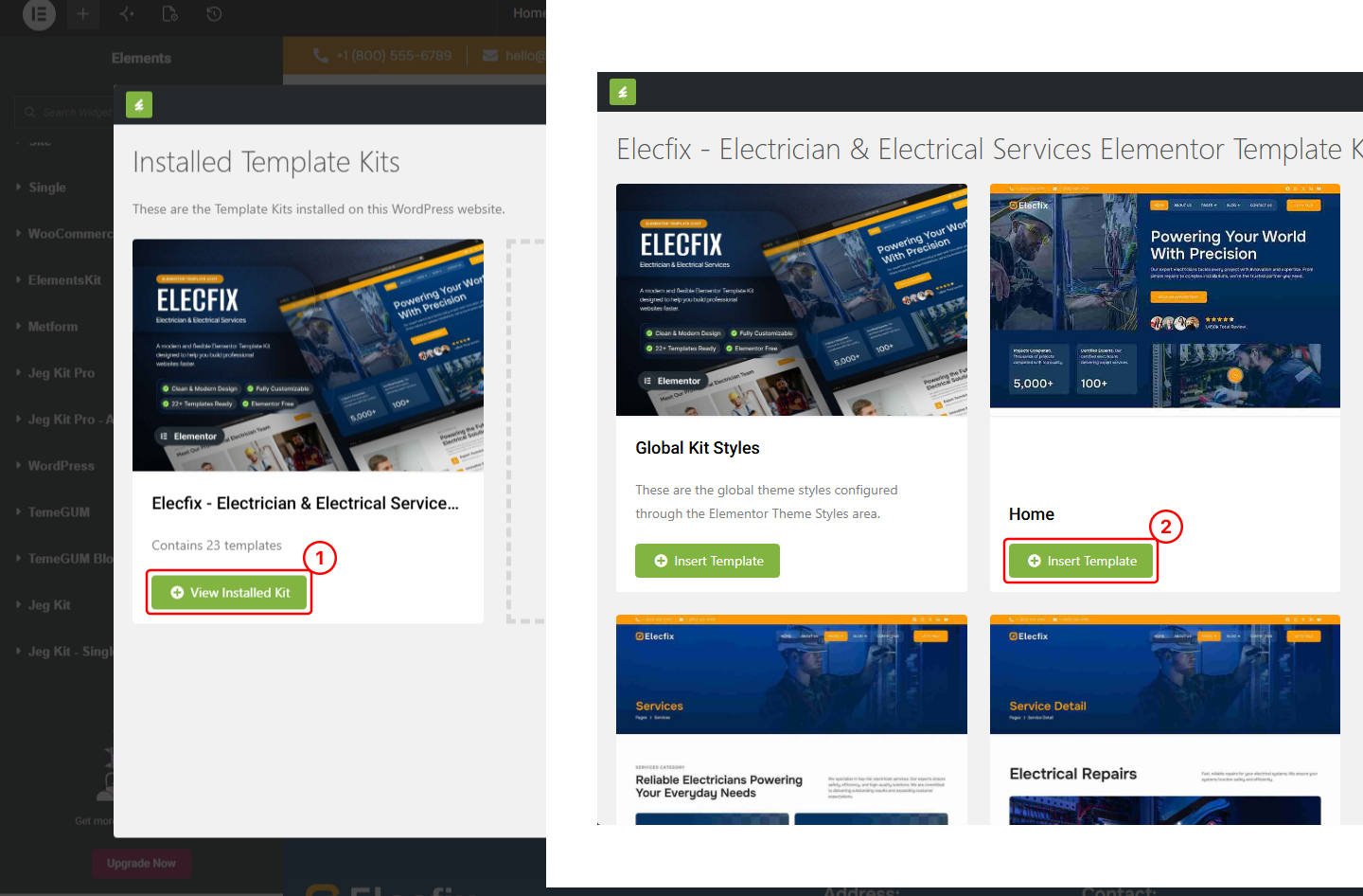 Elementor editor showing the template kit modal with Homepage selected for insertion.