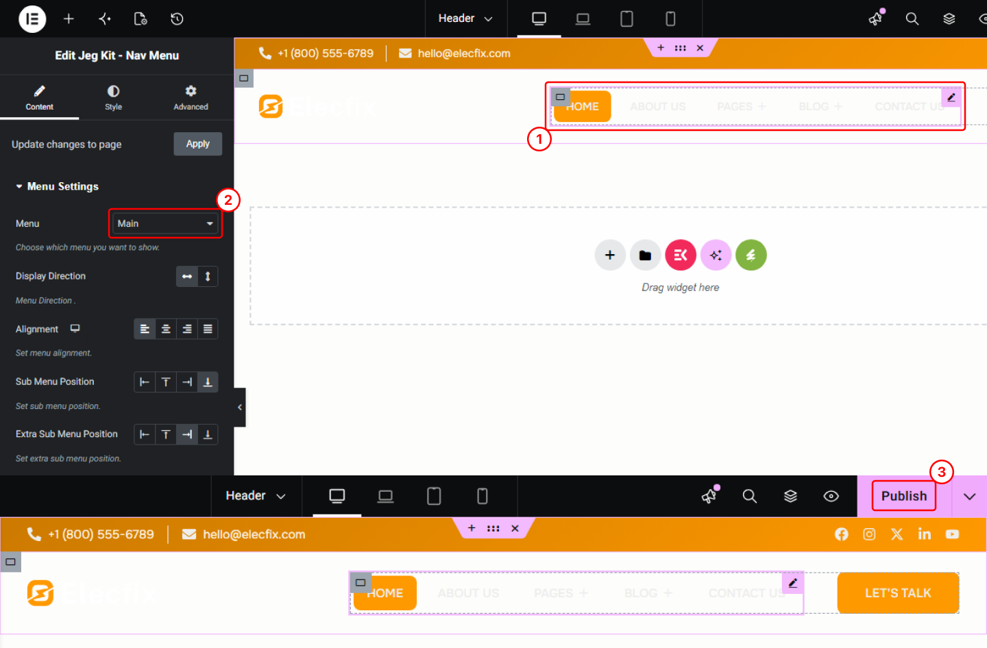 Elementor Nav Menu widget showing the created menu selected.