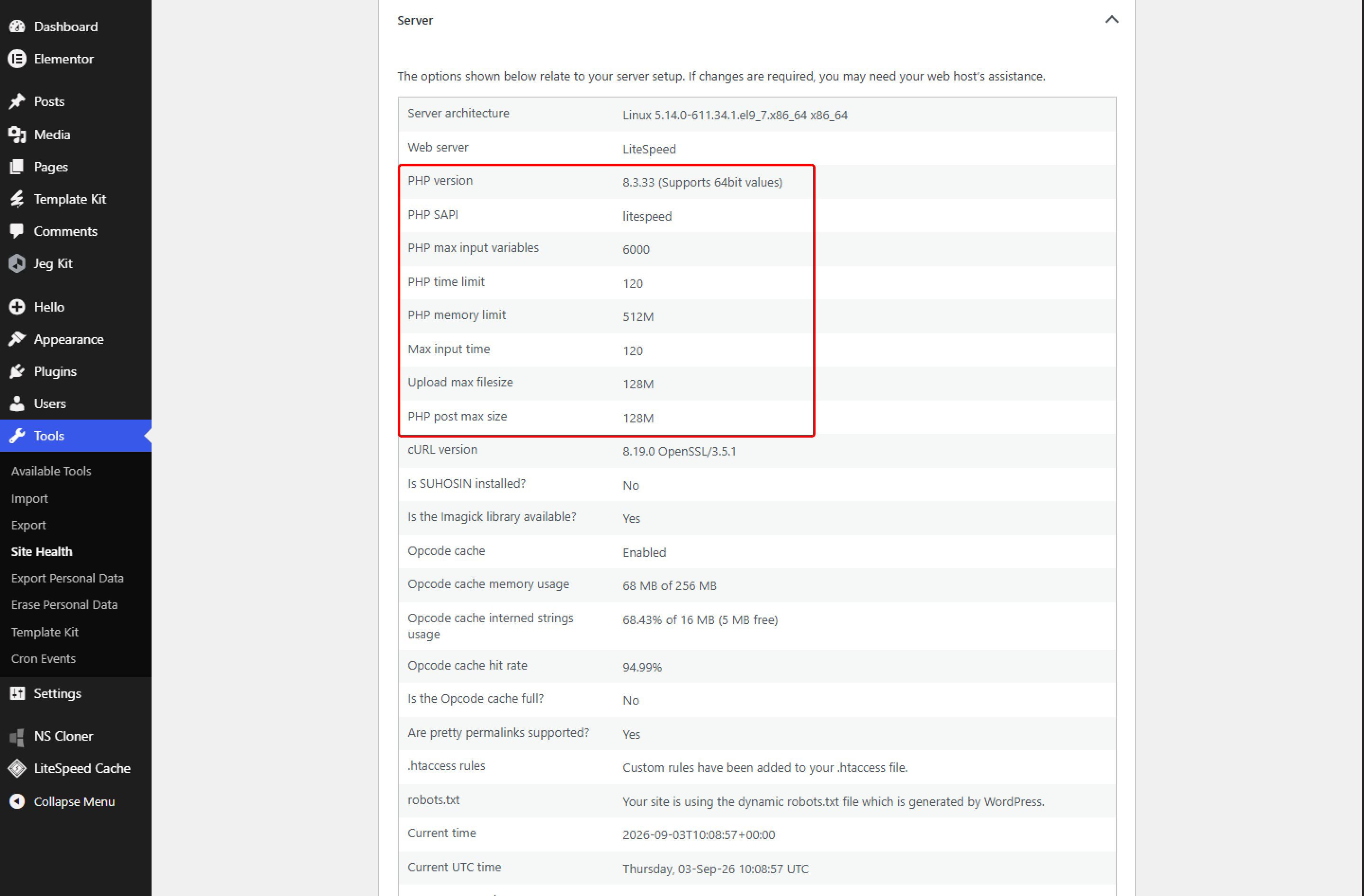 WordPress Site Health screen showing PHP version, memory limit, upload max filesize, and max execution time values.
