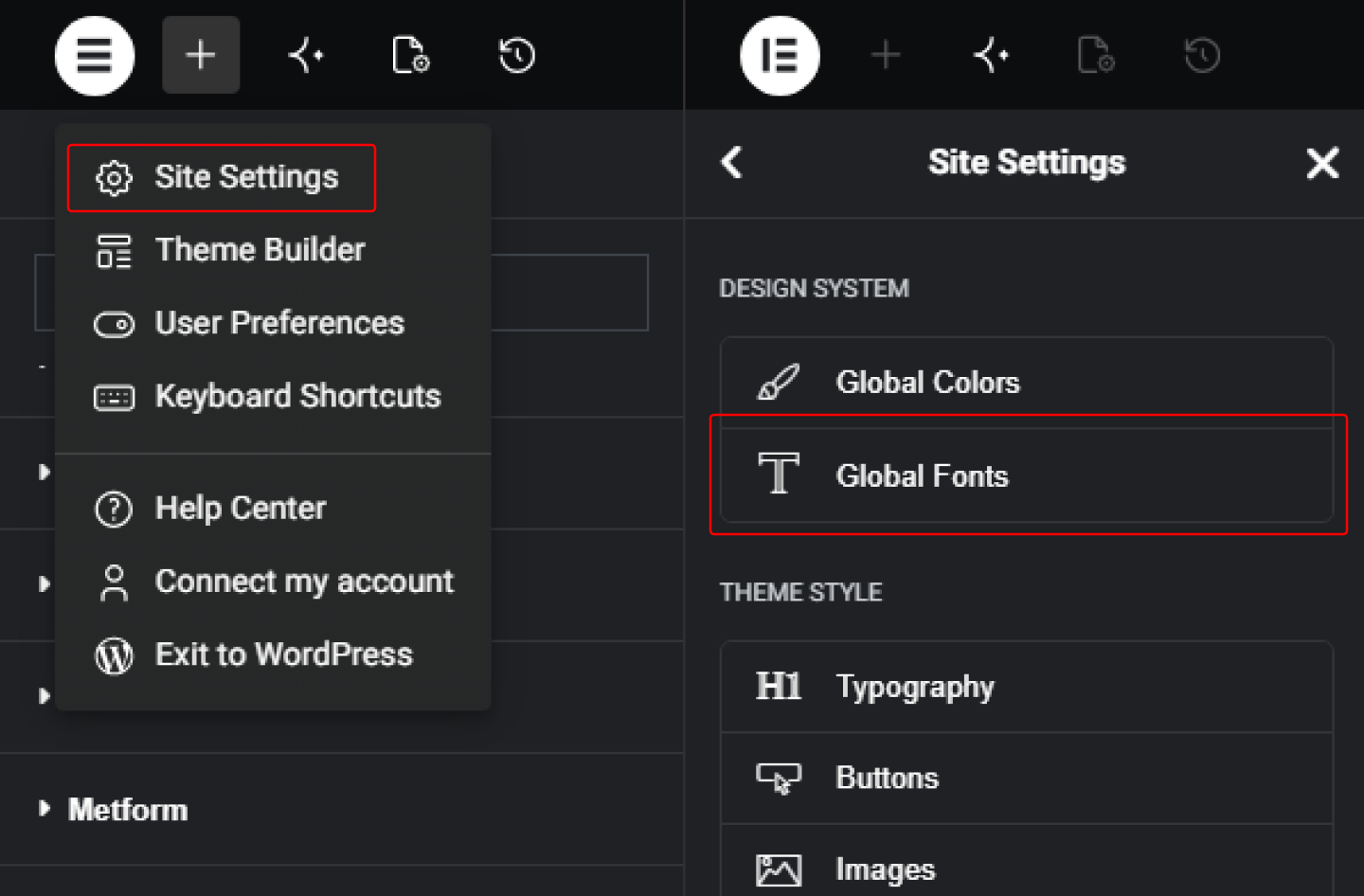 Elementor Site Settings panel showing the Global Fonts editor.