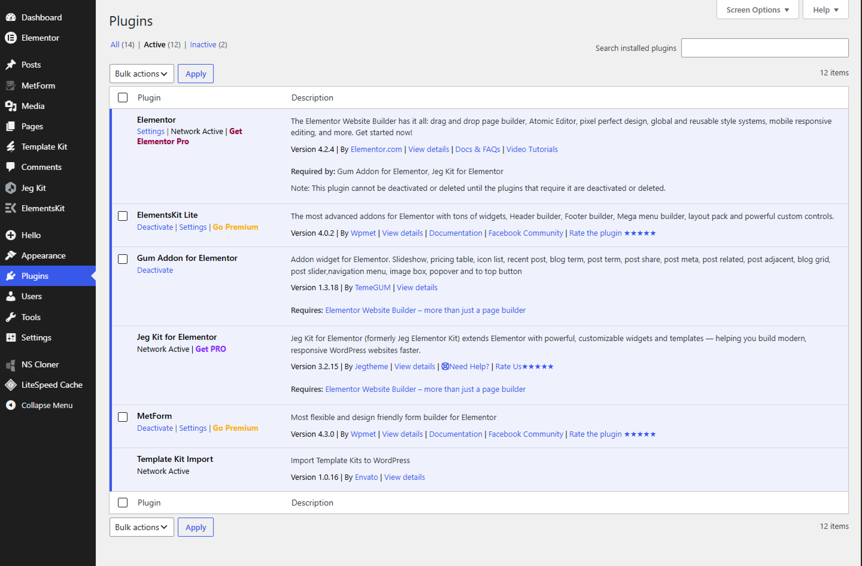WordPress Plugins page showing Template Kit – Import, Elementor, Jeg Elementor Kit, ElementsKit Lite, Gum Elementor Kit, and MetForm all activated.
