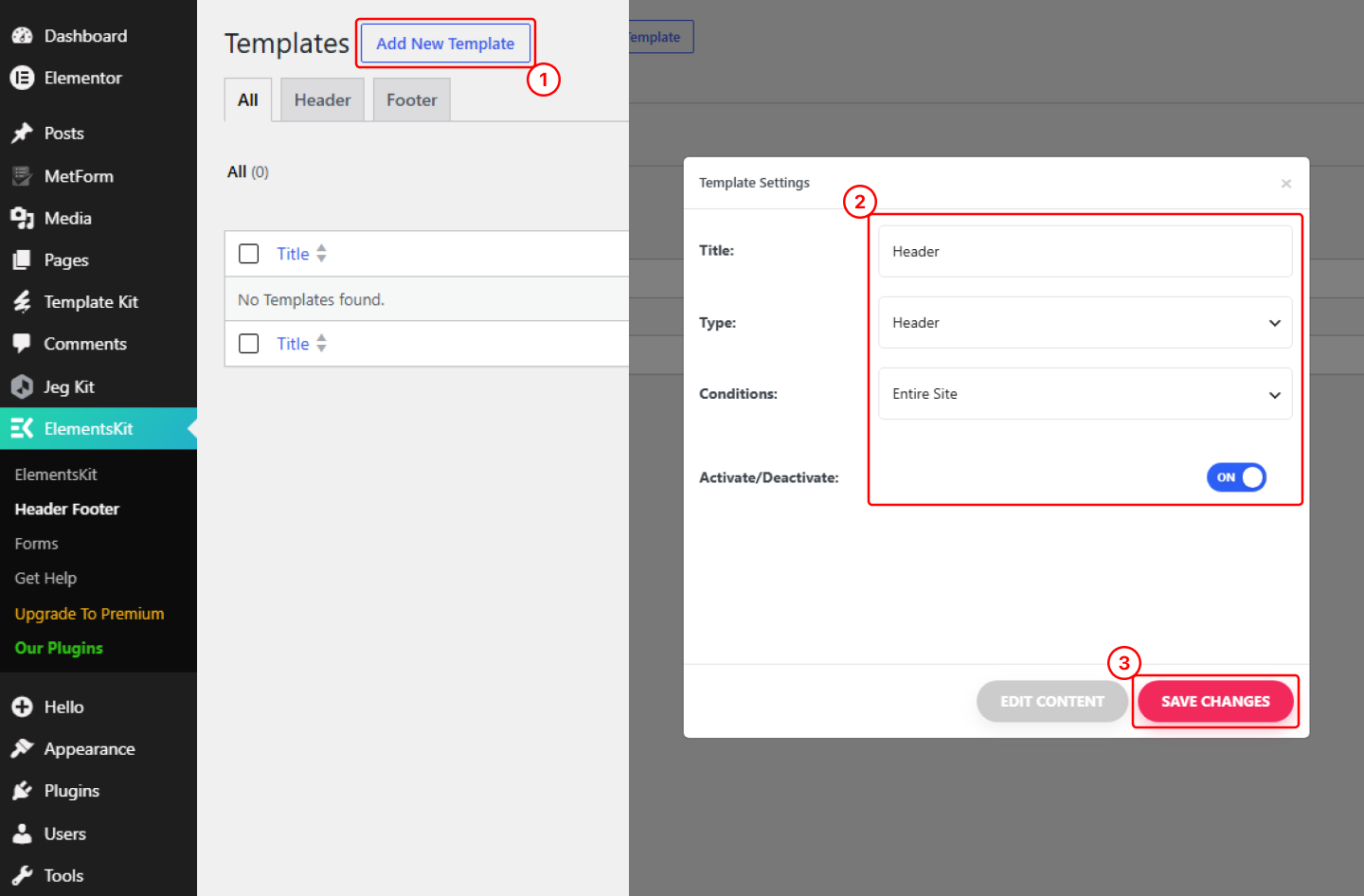 ElementsKit Header Footer settings modal showing title, condition, and activation toggle.