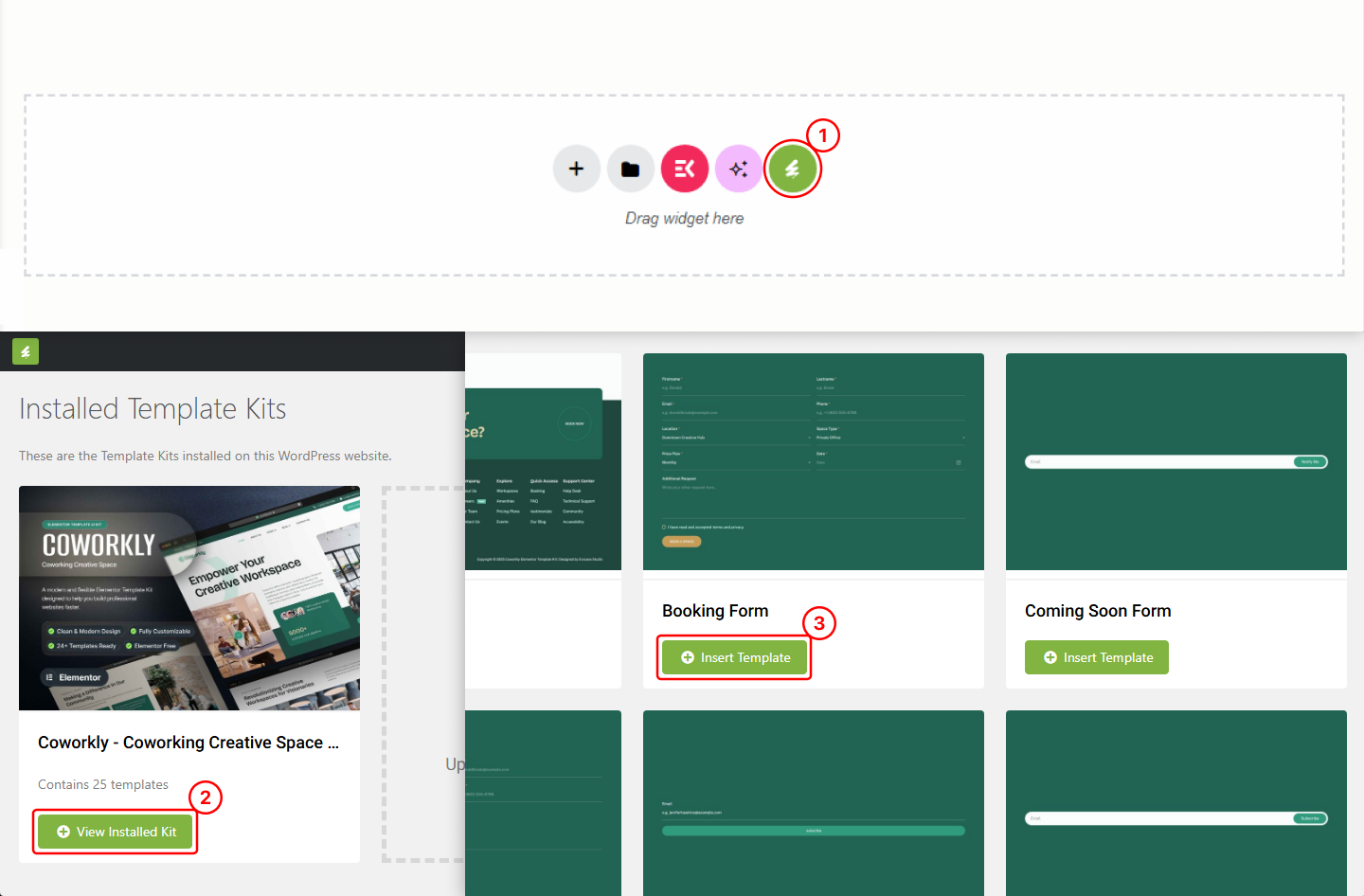 MetForm builder showing the Template Kit panel with a form template ready to insert.