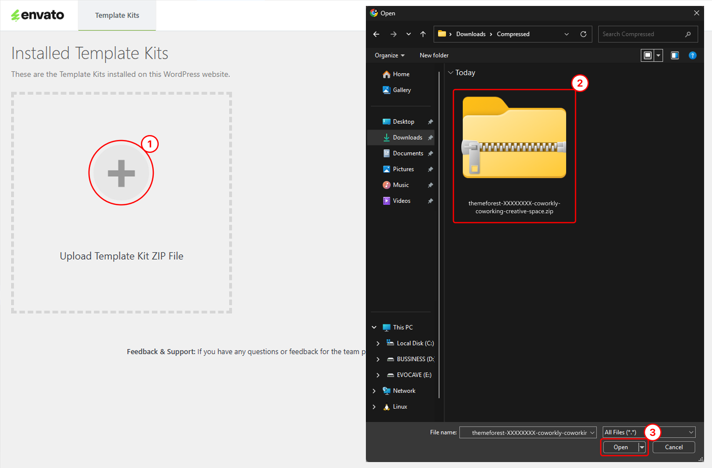 Template Kit – Import screen showing the empty upload area before a kit ZIP file has been uploaded.