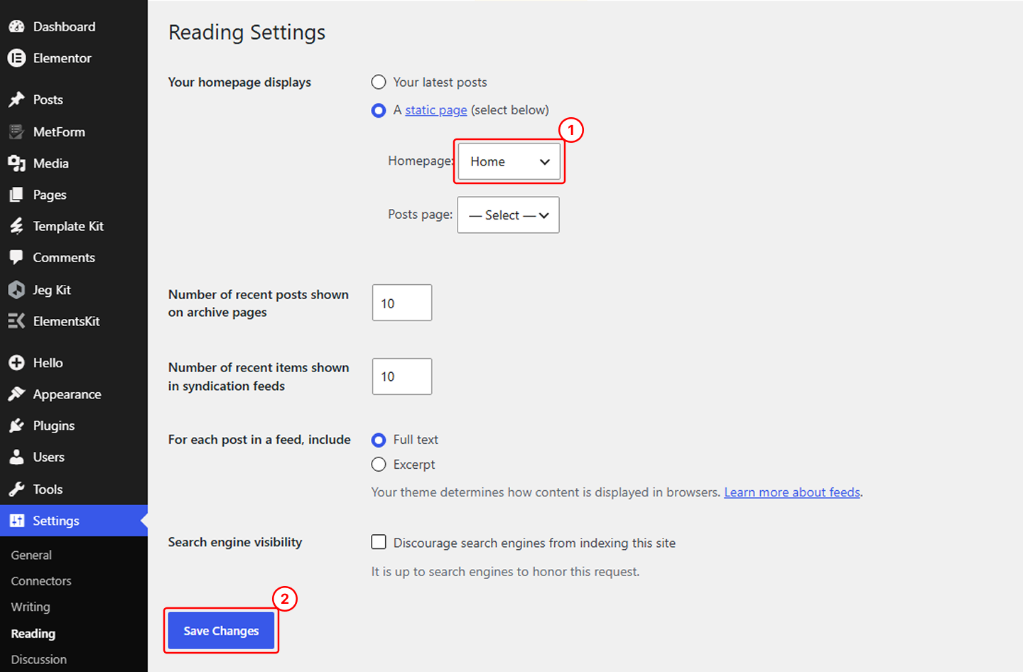 WordPress Reading Settings screen with the static homepage option set to Home.