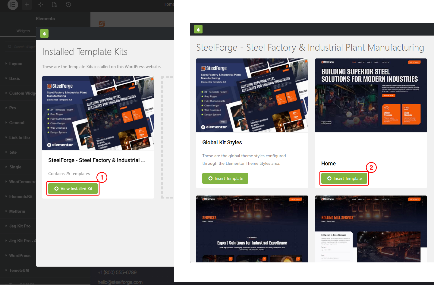 Elementor editor showing the template kit modal with Homepage selected for insertion.