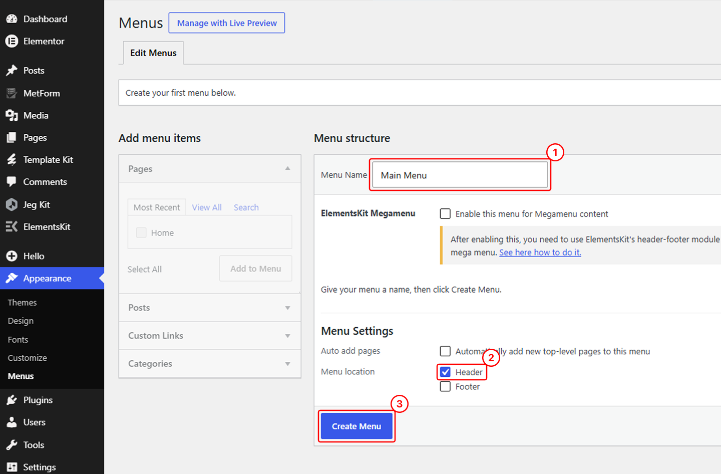 WordPress Menus screen showing the menu name field, header location checkbox, and Create Menu button.