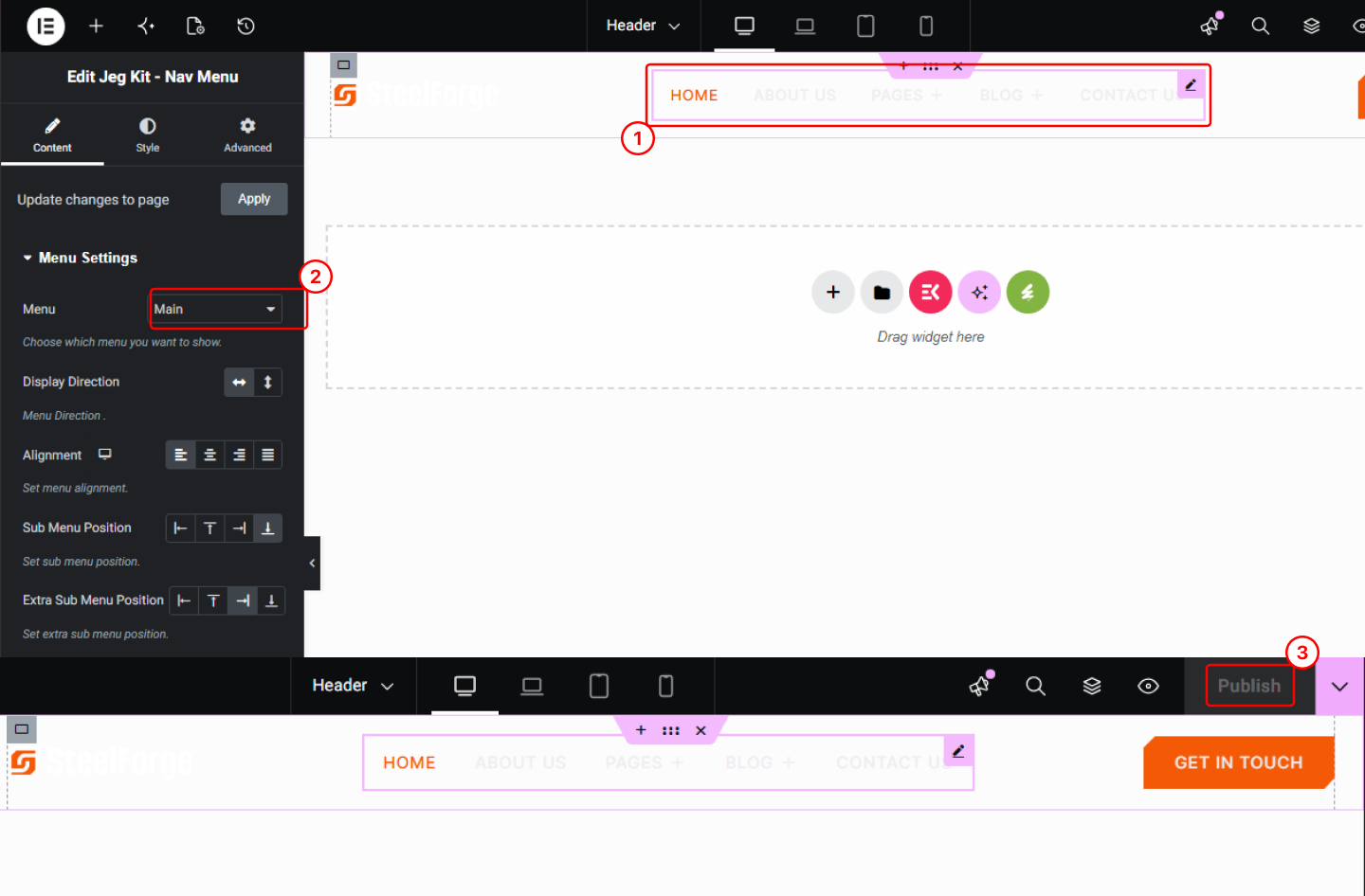 Elementor Nav Menu widget showing the created menu selected.