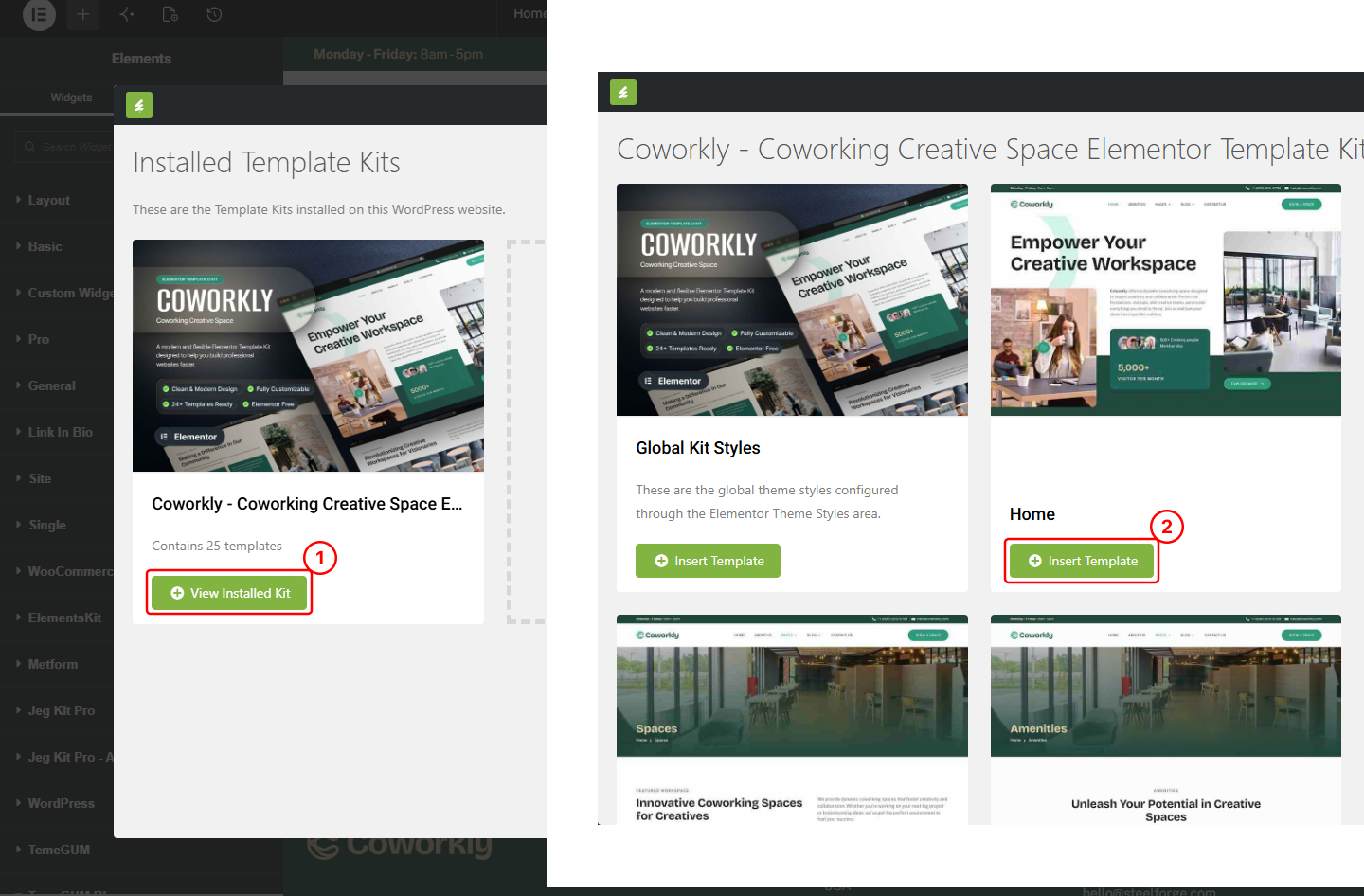 Elementor editor showing the template kit modal with Homepage selected for insertion.