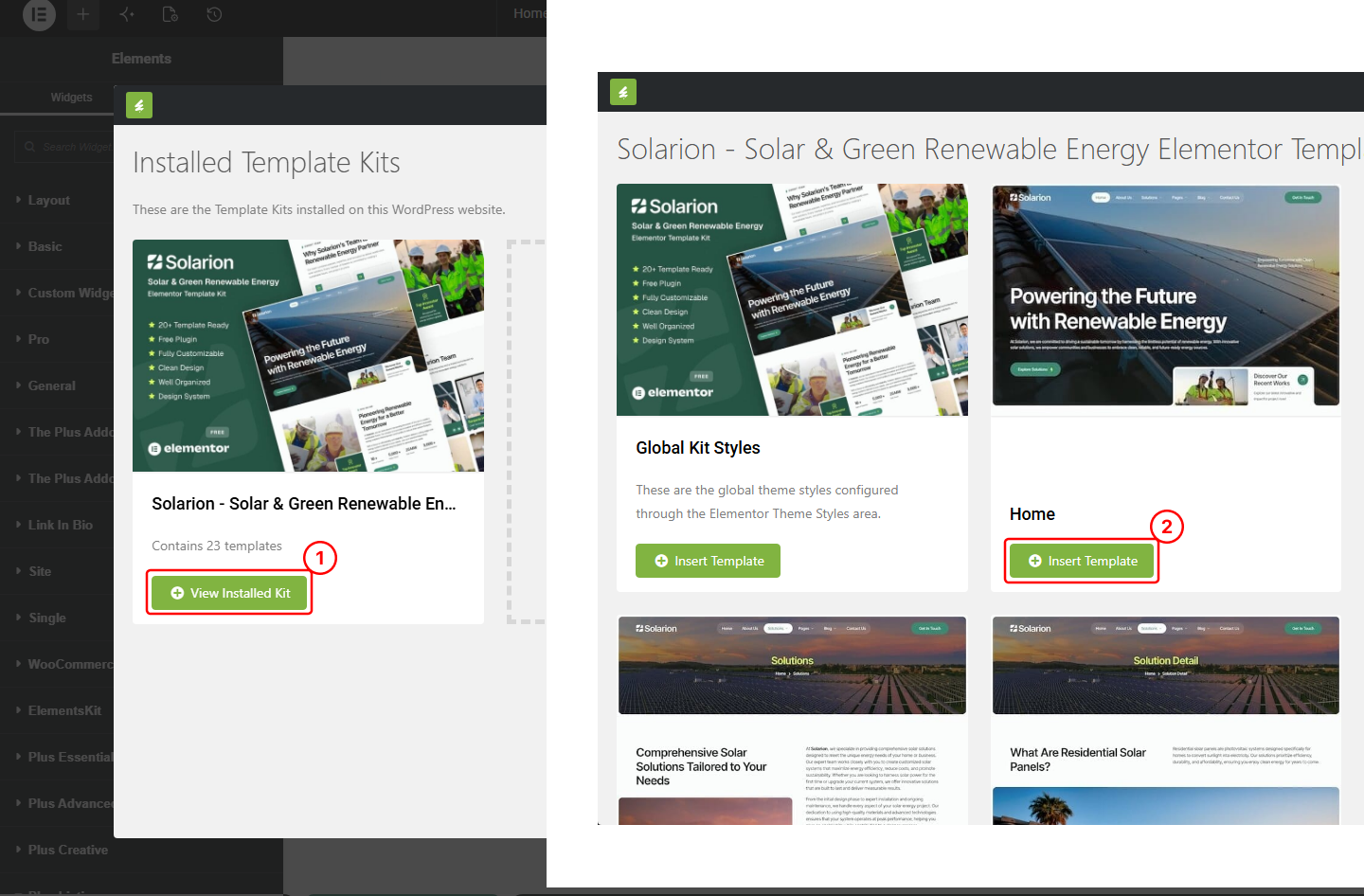 Elementor editor showing the template kit modal with Homepage selected for insertion.