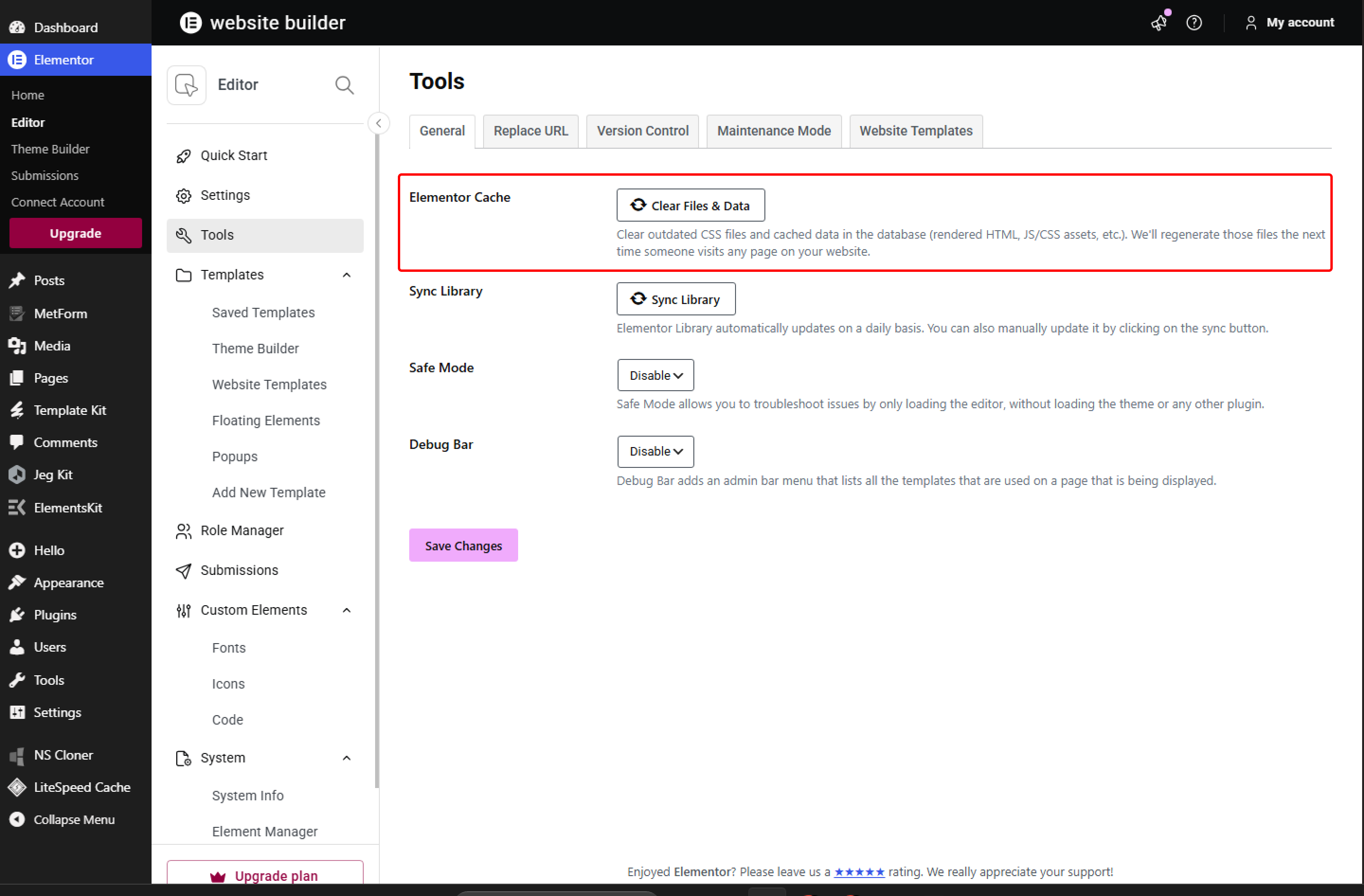 Elementor Tools panel showing the Elementor Cache section with the Clear Files & Data button highlighted.