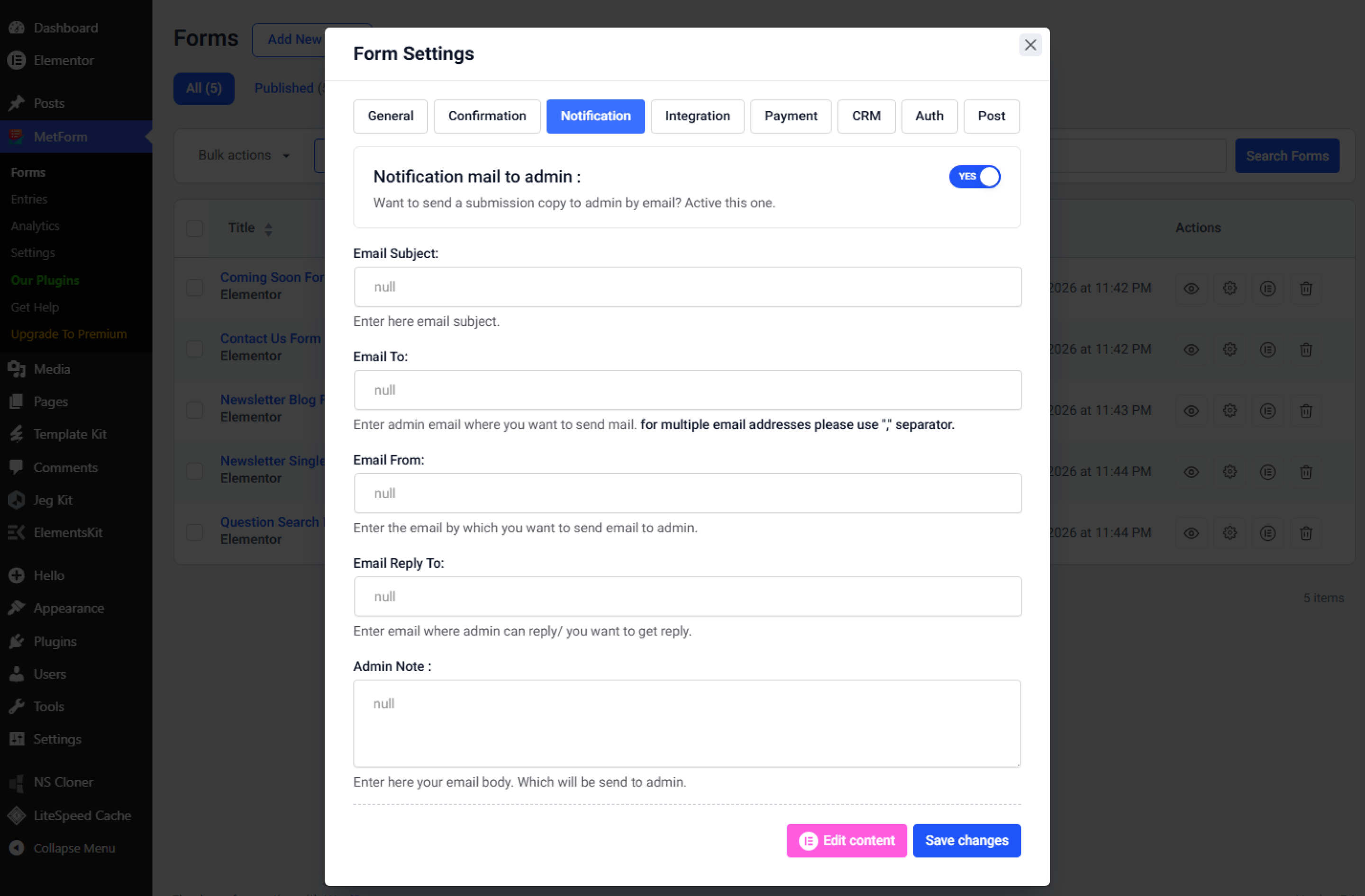 MetForm settings screen showing the email notification action for a form.