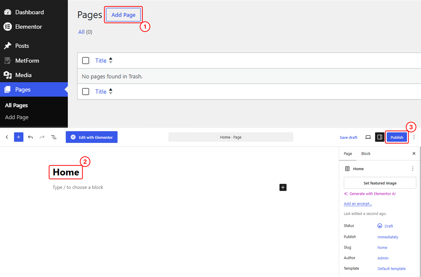 WordPress new page screen with the title Home, showing the Publish and Edit with Elementor buttons.