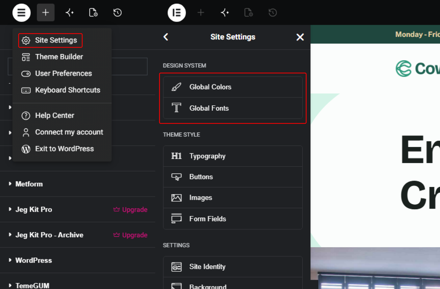 Elementor logo menu showing Site Settings, next to the resulting Design System panel with Global Colors and Global Fonts.