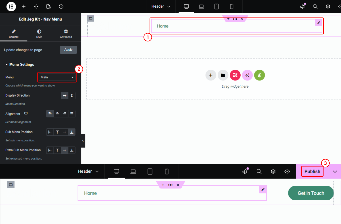 Elementor Nav Menu widget showing the created menu selected.